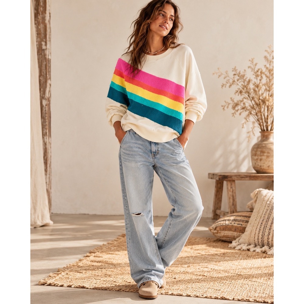 Marine Layer Womens Cream Rainbow Stripe Chenille Raglan Sweatshirt Large